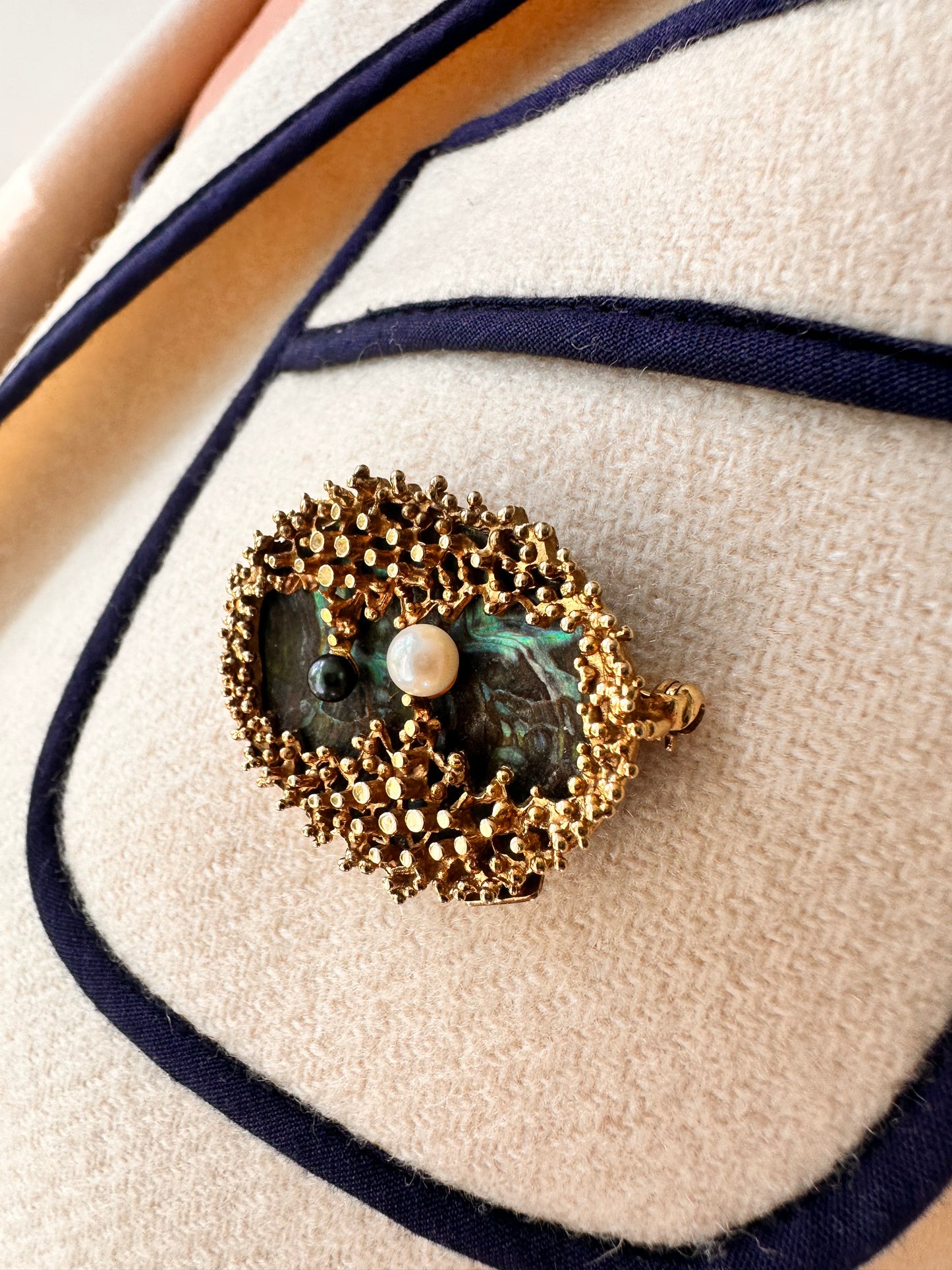 Vintage Textured Gold Brooch with Abalone Shell and Pearls