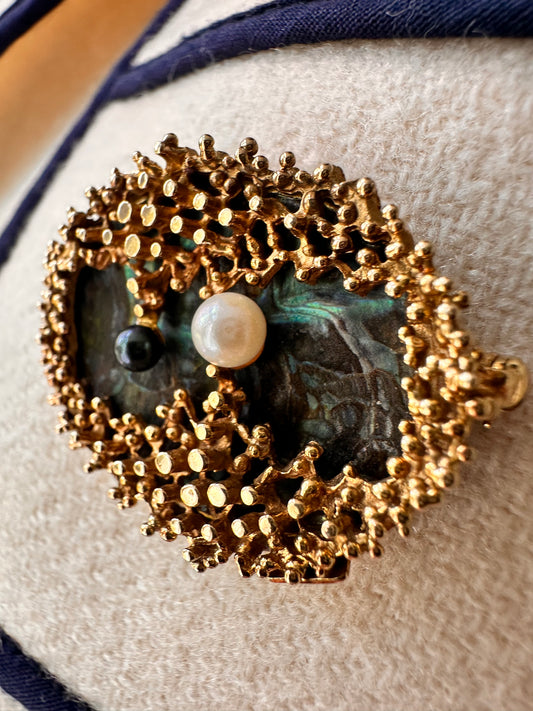 Vintage Textured Gold Brooch with Abalone Shell and Pearls