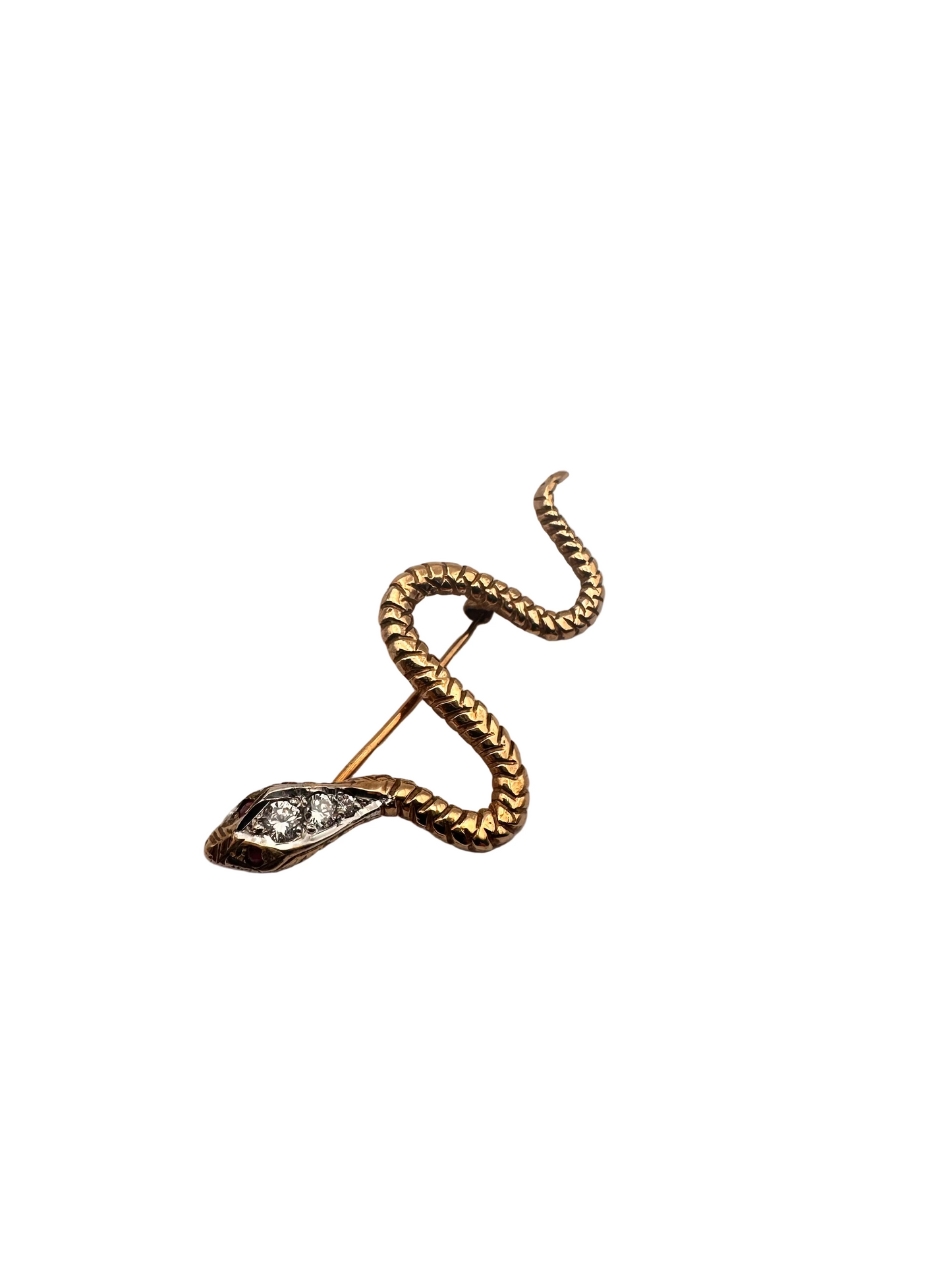 Gold Snake Brooch with Diamonds & Rubies