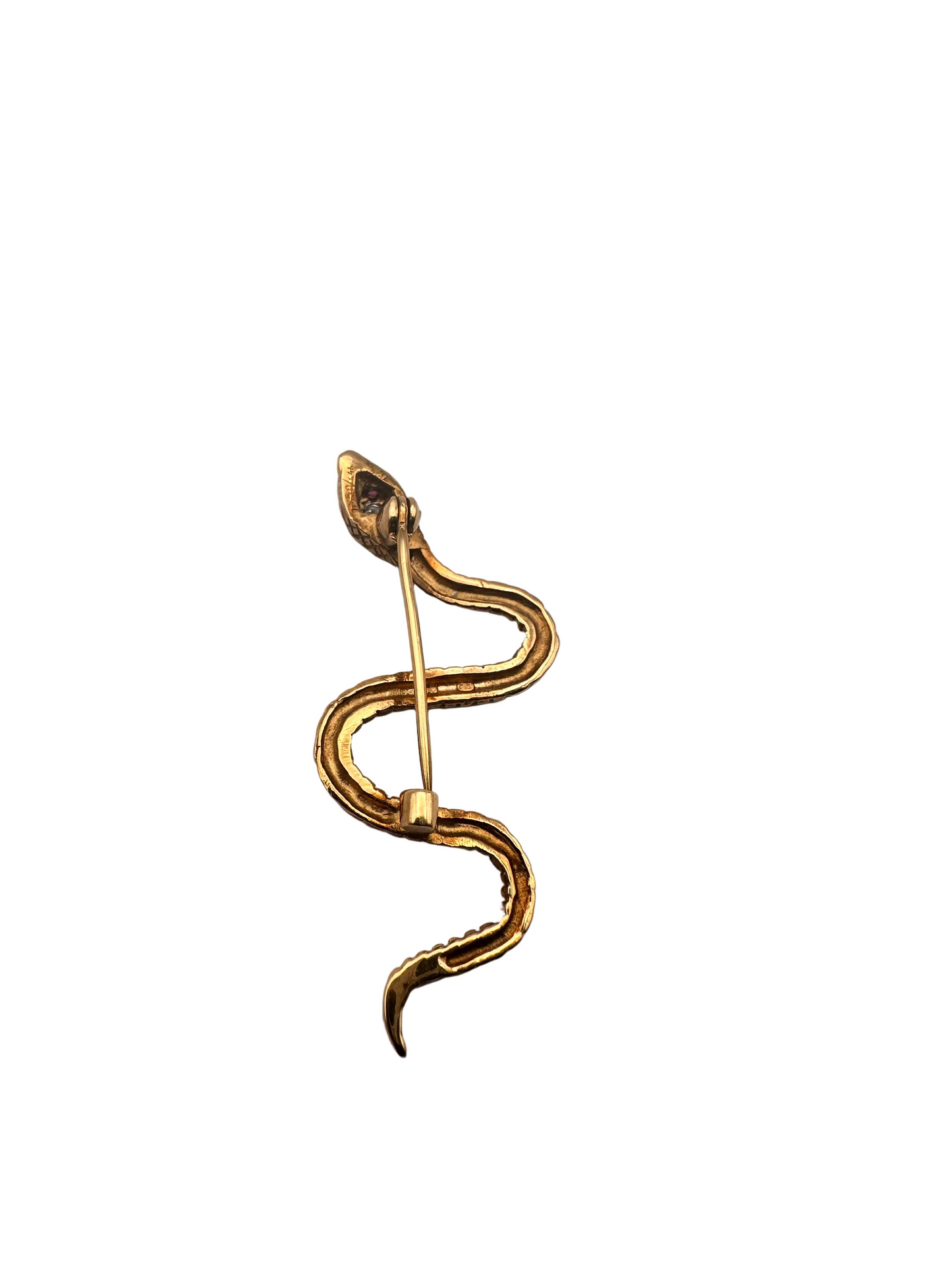 Gold snake-shaped brooch on a light gray background