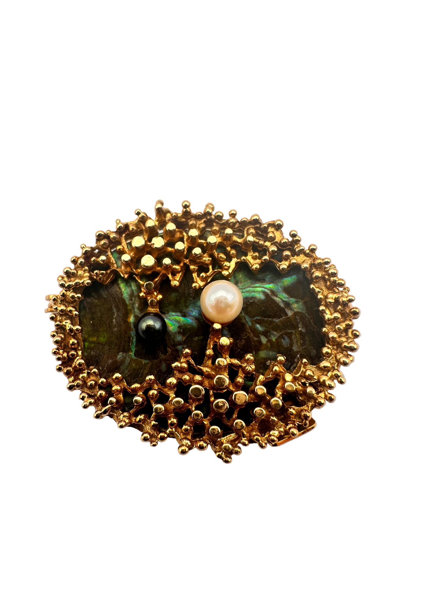 Vintage Textured Gold Brooch with Abalone Shell and Pearls