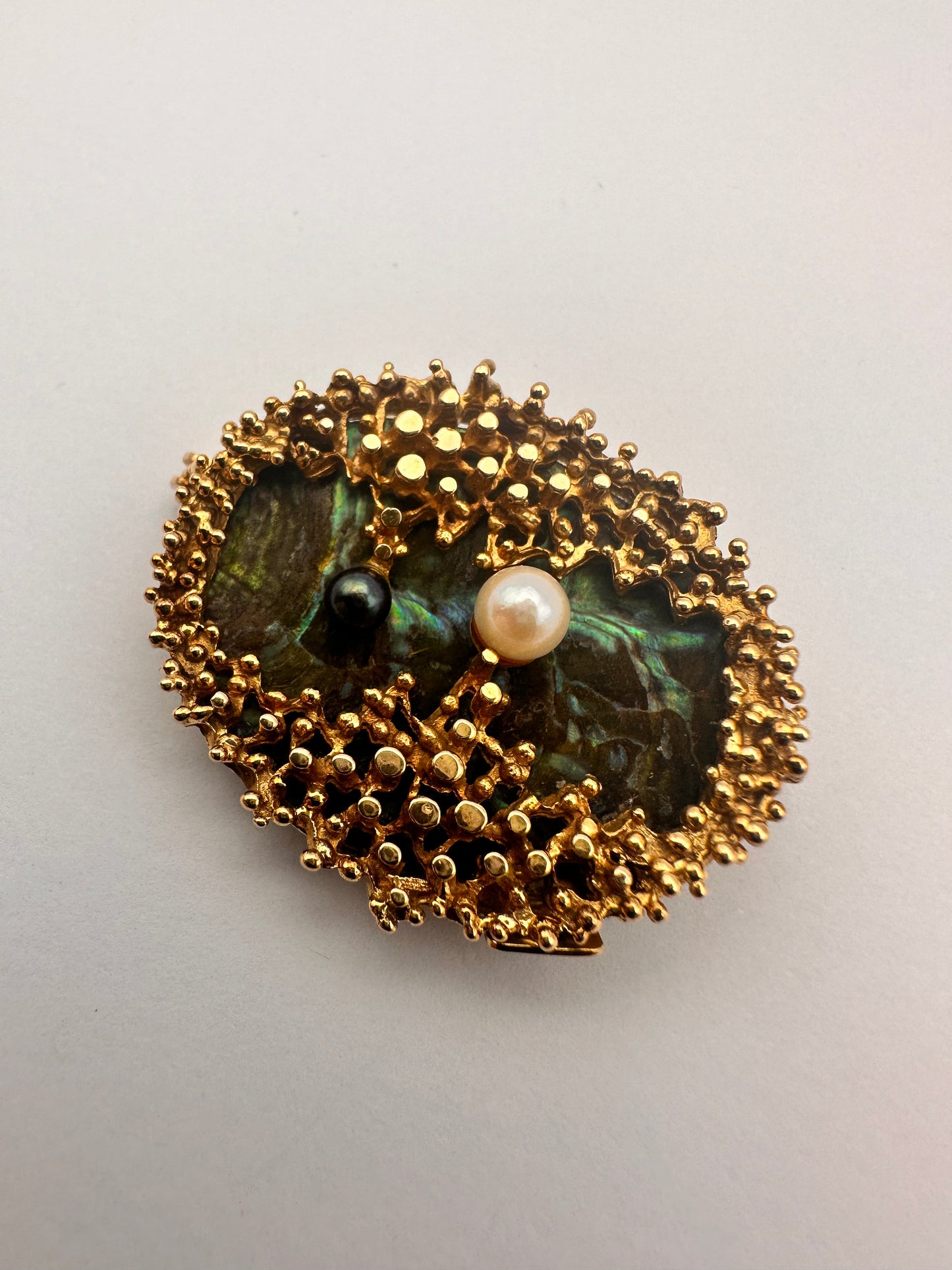 Vintage Textured Gold Brooch with Abalone Shell and Pearls