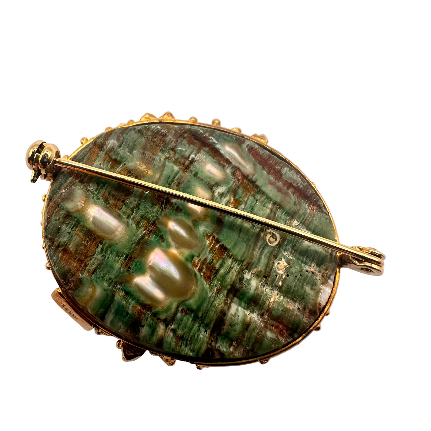 Vintage Textured Gold Brooch with Abalone Shell and Pearls