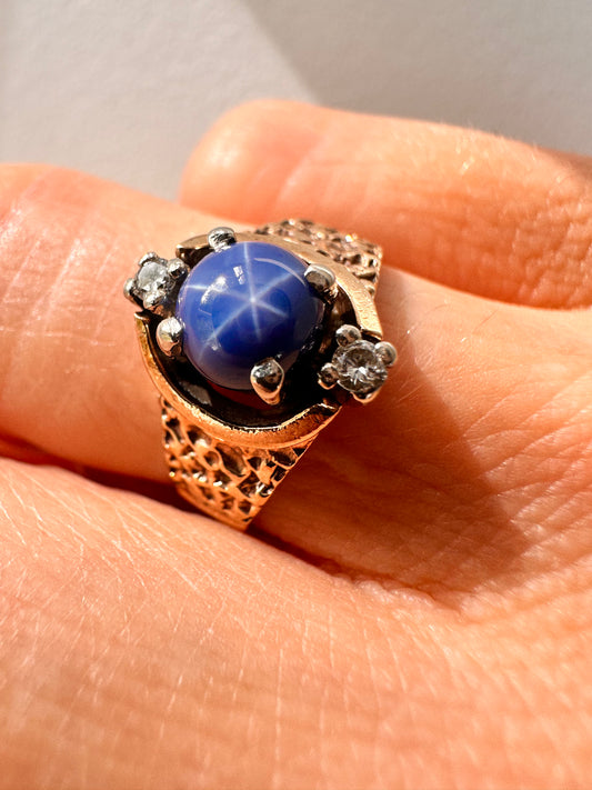 Vintage Celestial Ring with Synthetic Star Sapphire & White Topaz