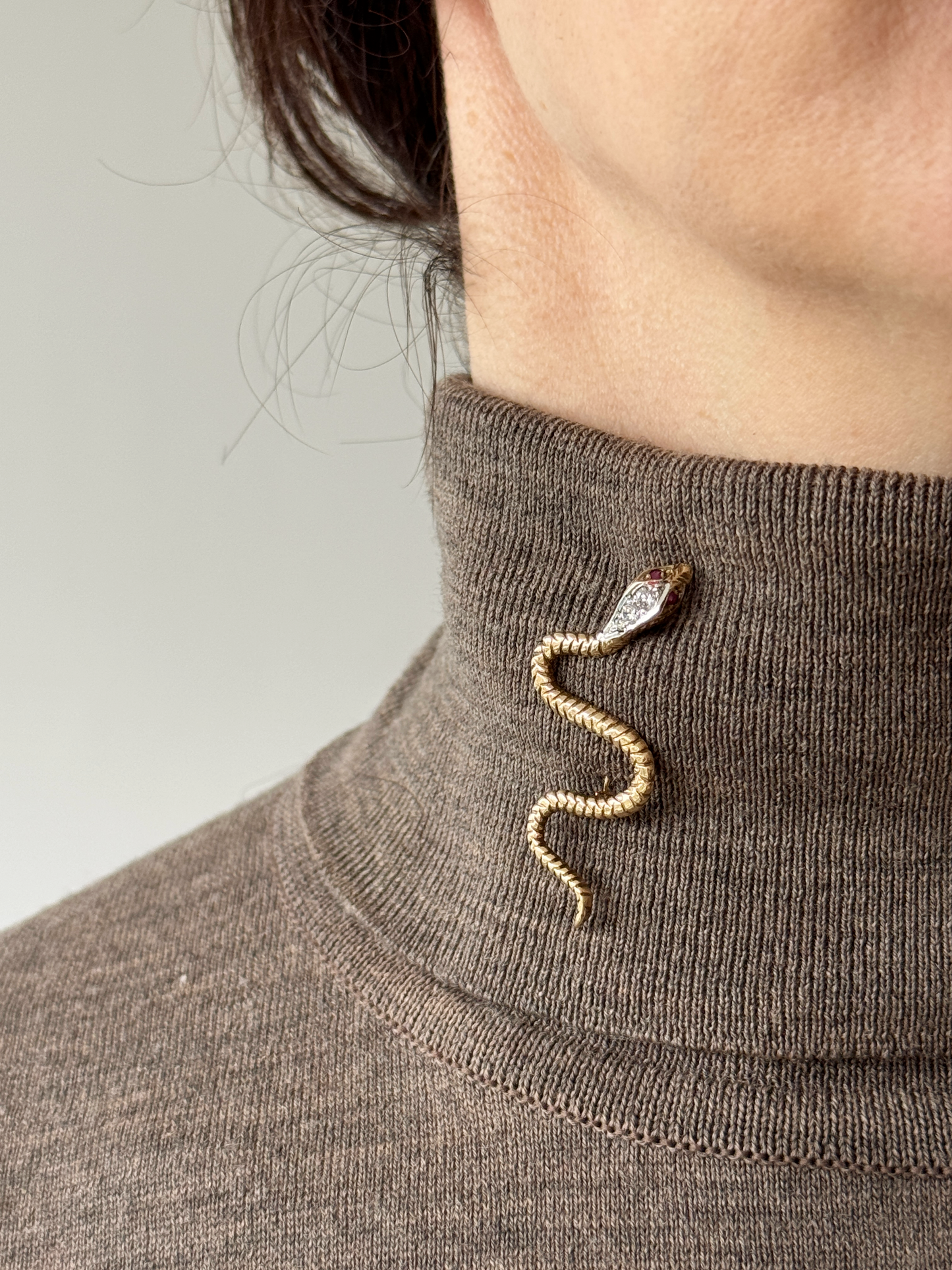 Gold Snake Brooch with Diamonds & Rubies